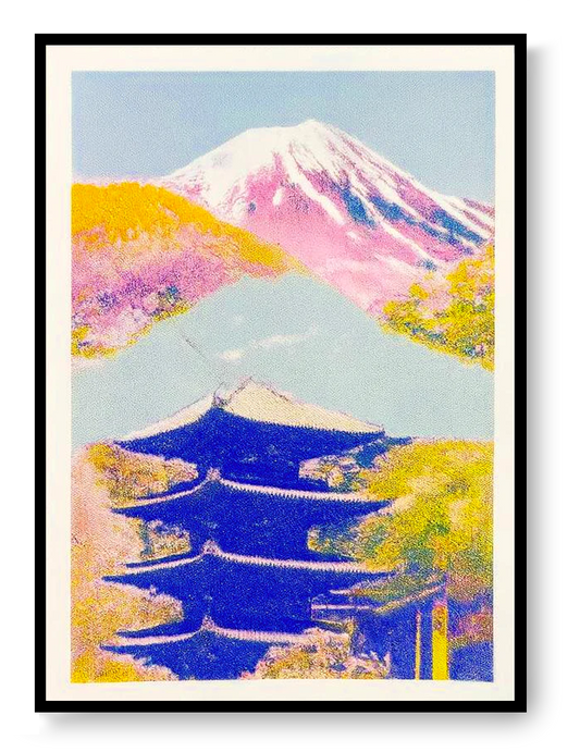 Japanese risograph print with Mount Fuji and traditional pagoda, pastel pink blue and yellow tones, modern Japanese wall art by PTRVRKD