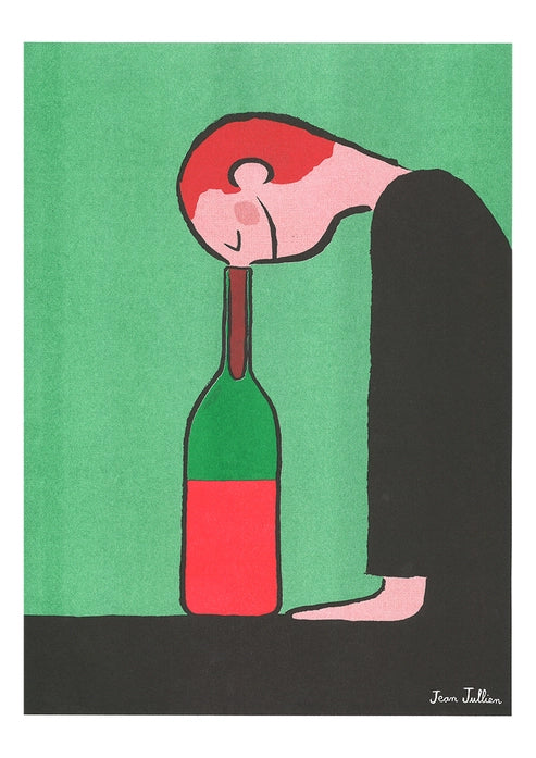 “Bottle” by French illustrator Jean Jullien – a risograph art print featuring a minimalist figure resting its head against a wine bottle, rendered in bold black, red, and green on Munken paper. A witty and emotional artwork that blends humor, simplicity, and design — perfect for modern interiors and collectors of contemporary illustration.