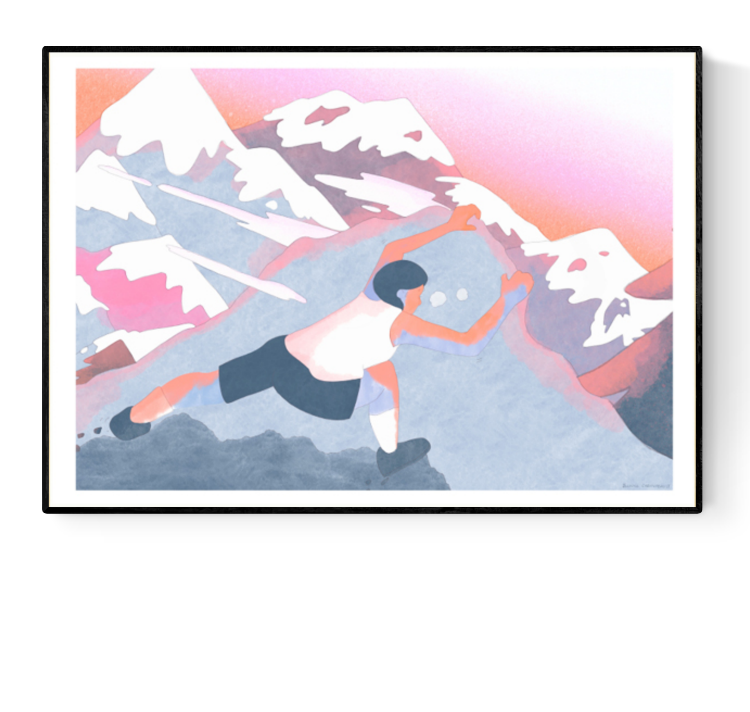 Buy illustration with woman climbing mountains by Sanlemo risograph Jeanne Saboureault