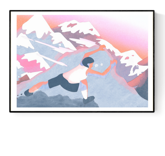 Buy illustration with woman climbing mountains by Sanlemo risograph Jeanne Saboureault