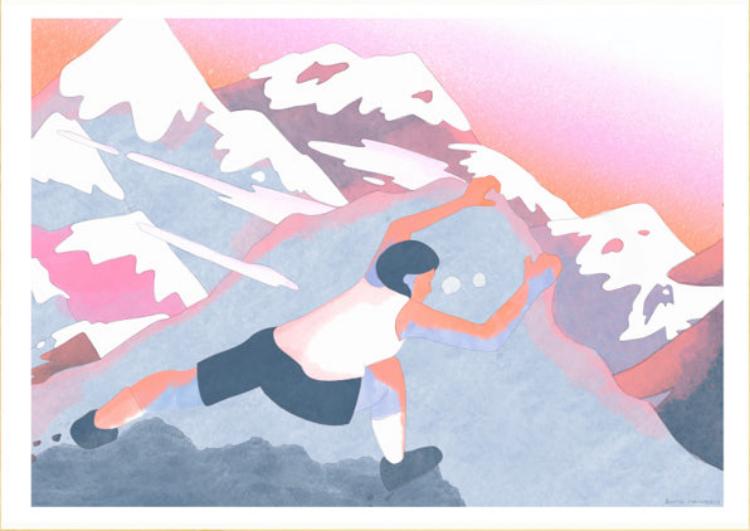 Buy illustration with woman climbing mountains by Sanlemo risograph Jeanne Saboureault