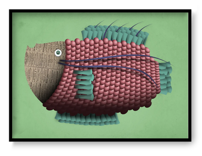 Jeanne P’oisson A4 art print by Gert Paenen Studio Frits, colorful textured fish illustration with newspaper collage head and modern graphic design.