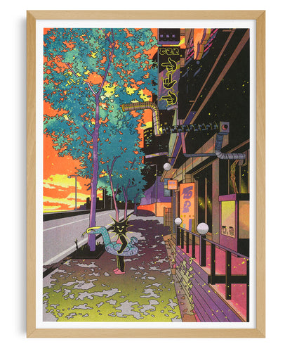 Colorful risograph art print by Korean illustrator Jinhwa Jang depicting a surreal summer cityscape at sunset — glowing orange sky, neon lights, and a playful black figure with a swim ring under blue-green trees. Urban illustration mixing retro hues and dreamy atmosphere — perfect wall art for modern interiors.
