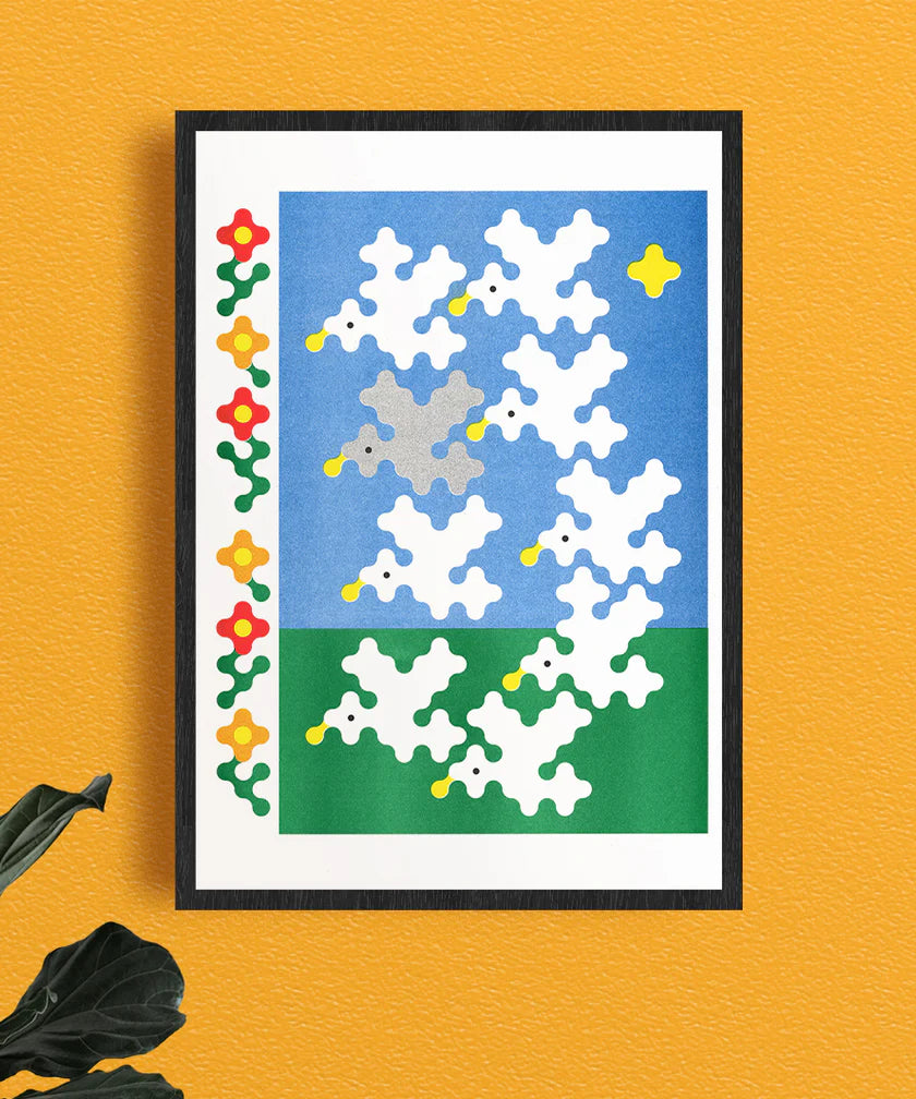 Colorful risograph art print titled Nine Birds by Joe O'Donnell. Features stylized white and gray birds with yellow beaks flying over a blue and green background, framed by red and yellow flowers. Modern geometric illustration blending nature and minimal digital design.