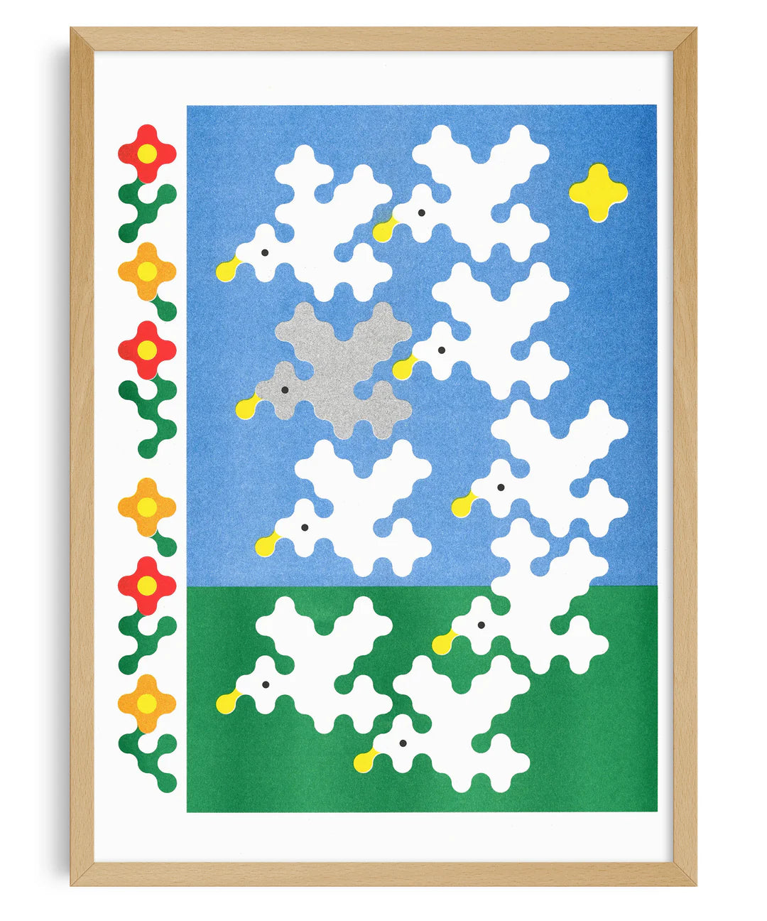 Colorful risograph art print titled Nine Birds by Joe O'Donnell. Features stylized white and gray birds with yellow beaks flying over a blue and green background, framed by red and yellow flowers. Modern geometric illustration blending nature and minimal digital design.