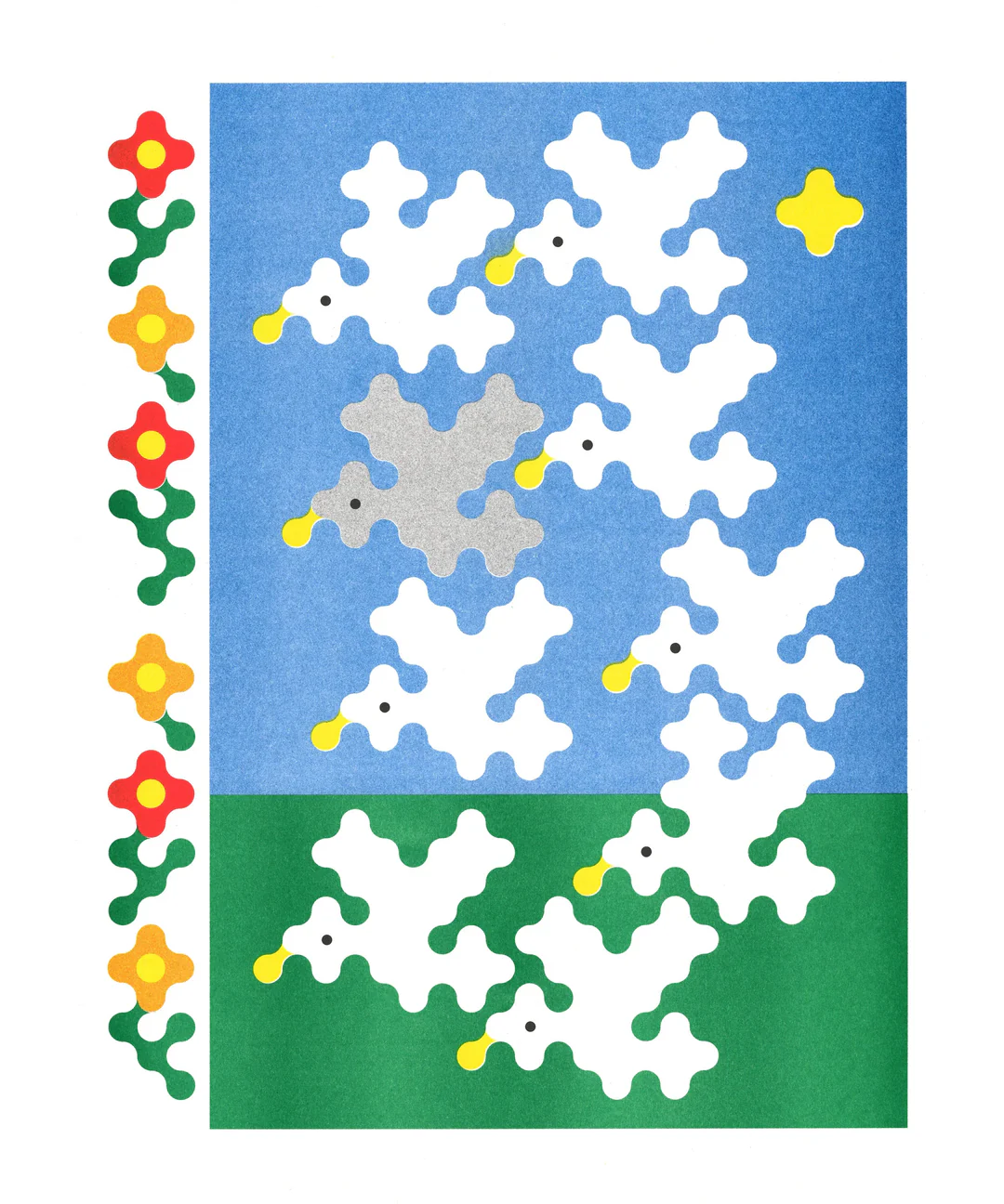 Colorful risograph art print titled Nine Birds by Joe O'Donnell. Features stylized white and gray birds with yellow beaks flying over a blue and green background, framed by red and yellow flowers. Modern geometric illustration blending nature and minimal digital design.