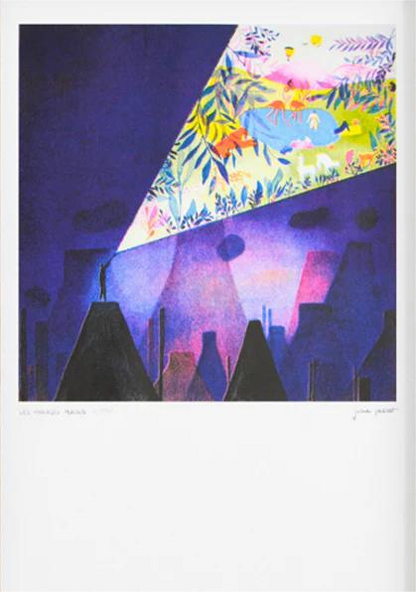 A3 limited edition risograph art print “Les Paradis Perdus” by Julie Pernet featuring a dark cityscape contrasted with a vibrant abstract paradise, modern contemporary wall art for design interiors.
