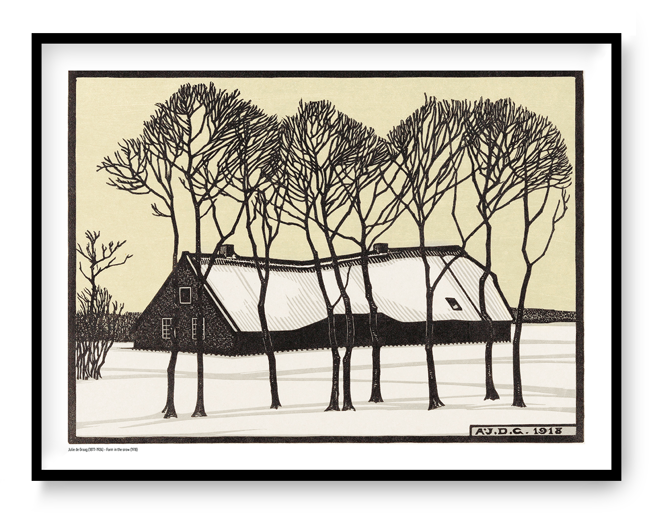 Black and cream winter landscape by Julie de Graag showing a snow-covered farmhouse behind tall bare trees, reproduced as a horizontal digital print for calm wall art and natural home decor.
