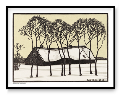 Black and cream winter landscape by Julie de Graag showing a snow-covered farmhouse behind tall bare trees, reproduced as a horizontal digital print for calm wall art and natural home decor.