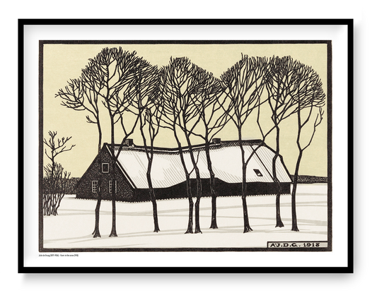 Black and cream winter landscape by Julie de Graag showing a snow-covered farmhouse behind tall bare trees, reproduced as a horizontal digital print for calm wall art and natural home decor.
