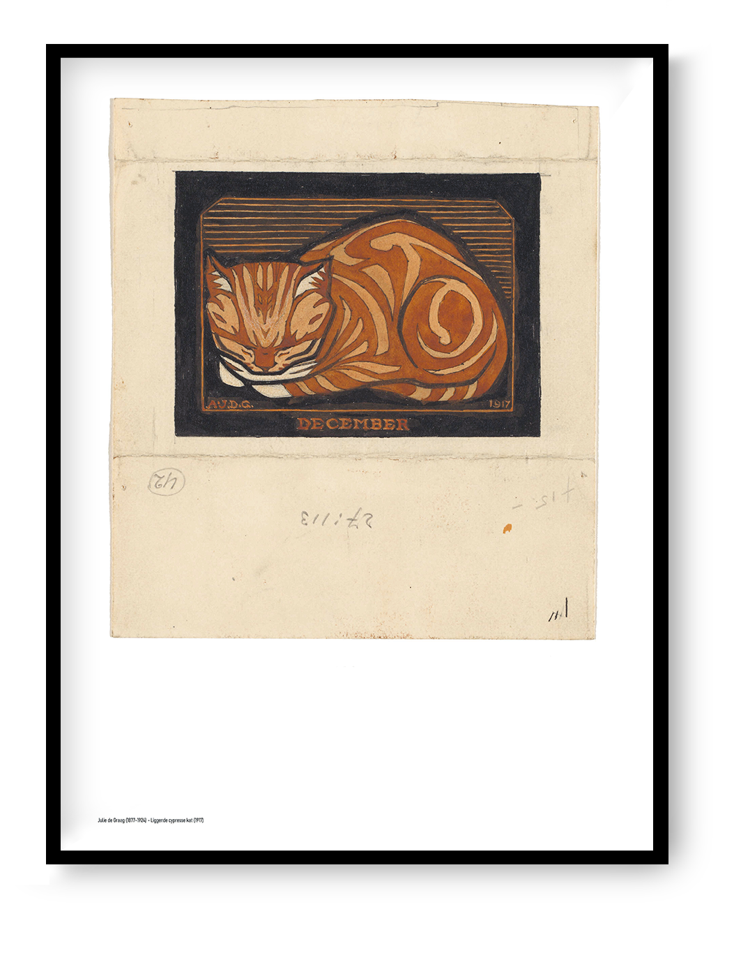 Orange curled cat in a bold early 20th-century woodcut style, with black outlines and a dark background. Vertical digital art print for cosy wall decor and cat-themed interiors.