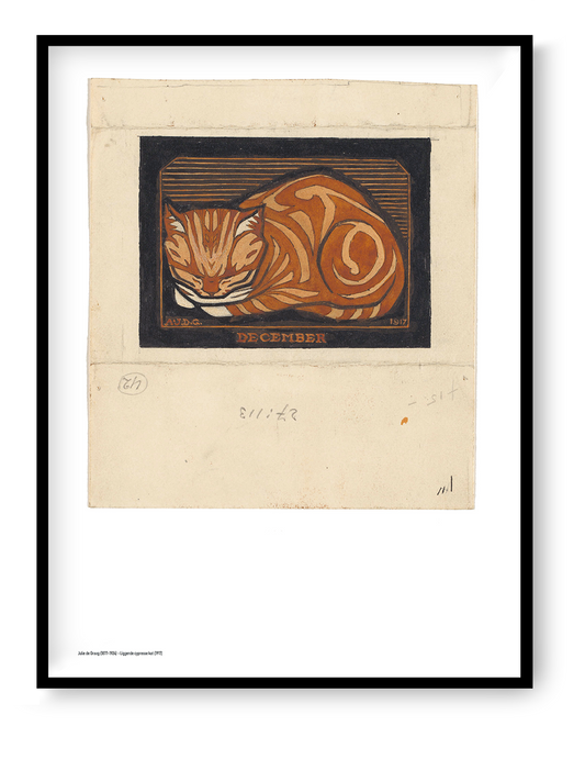Orange curled cat in a bold early 20th-century woodcut style, with black outlines and a dark background. Vertical digital art print for cosy wall decor and cat-themed interiors.