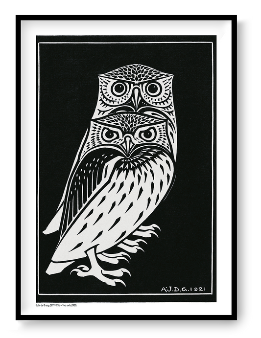 Vertical black-and-white digital art print of two stylised owls by Julie de Graag, based on a 1921 woodcut, with bold graphic lines for study, hallway, or living room wall decor.