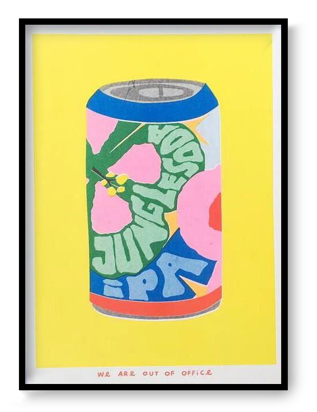 Jungle Soda IPA risograph art print 13x18 cm by We Are Out Of Office, colorful tropical soda can illustration with bold yellow background and pop graphic design.