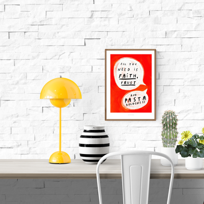 Colorful typography art print with the quote “All you need is faith, trust and pasta bolognese” in comic-style speech bubbles on a vivid red background — humorous kitchen wall art by Just Cool Design, perfect for food lovers and design enthusiasts.