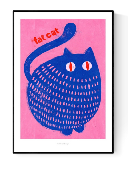 "Fat Cat" by Just Cool Design – playful and bold illustration of a chubby blue cat with red eyes on a vibrant pink background, featuring the text “fat cat”; a fun and colorful wall art print perfect for cat lovers and modern pop art enthusiasts, available at Galerie Frits