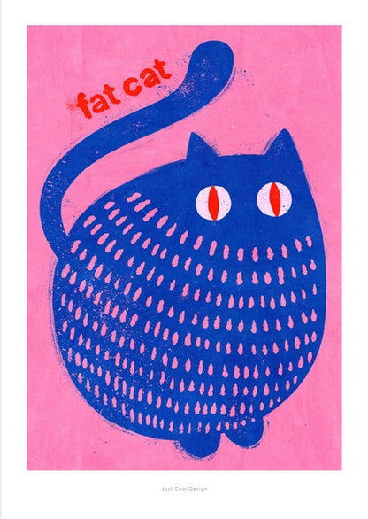 "Fat Cat" by Just Cool Design – playful and bold illustration of a chubby blue cat with red eyes on a vibrant pink background, featuring the text “fat cat”; a fun and colorful wall art print perfect for cat lovers and modern pop art enthusiasts, available at Galerie Frits