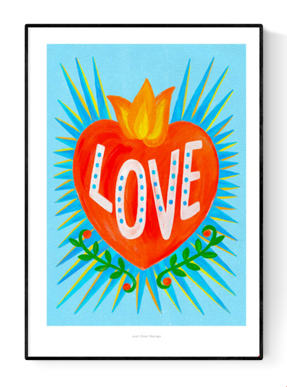 Bright Mexican folk-style illustration of a red heart with yellow flames and the word “LOVE” in white letters on a turquoise blue background, surrounded by green leaves – vibrant Giclée art print by Just Cool Design.