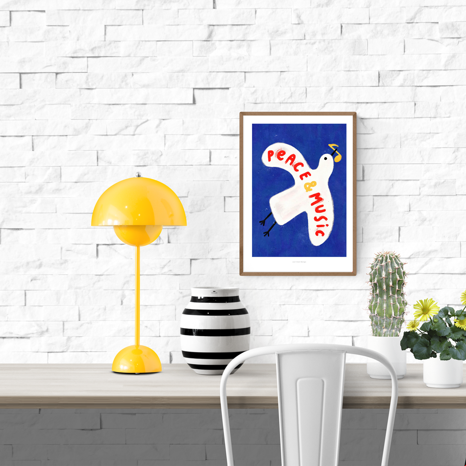 Colorful art print of a white pigeon carrying a yellow musical note on a deep blue background with the hand-painted phrase “Peace & Music” in red and yellow letters. Whimsical and modern illustration by Just Cool Design, perfect wall art for music lovers and optimistic interiors.