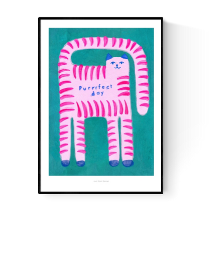 Playful pink striped cat with “Purrrfect day” text on teal background – Purrrfect day by Just Cool Design, A5 giclée print made in Spain.