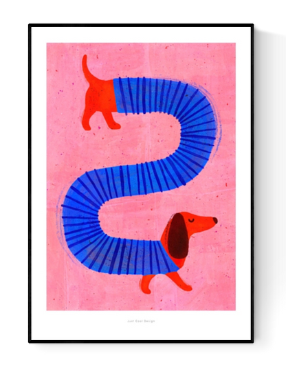 Playful illustration of a red sausage dog with a blue accordion body on a pink background by Just Cool Design – whimsical dachshund wall art print for modern and fun home decor, available at Galerie Frits