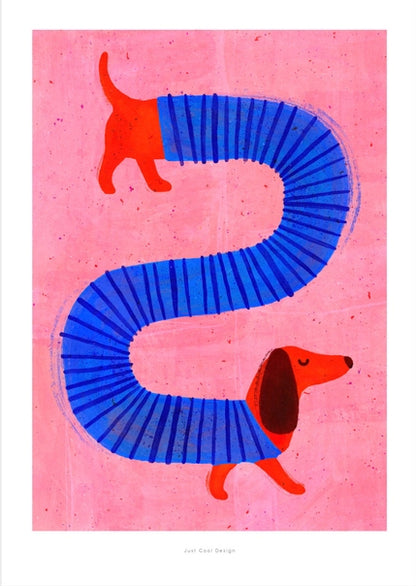 Playful illustration of a red sausage dog with a blue accordion body on a pink background by Just Cool Design – whimsical dachshund wall art print for modern and fun home decor, available at Galerie Frits