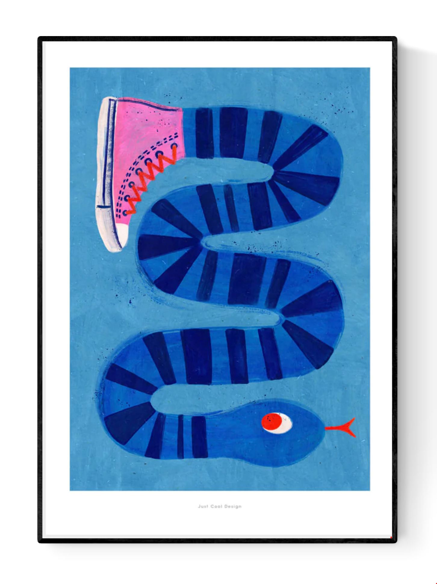 Colorful surreal illustration print by Just Cool Design featuring a long blue striped snake wearing a single pink sneaker, set against a bright blue background. Modern, quirky wall art for playful interiors and design lovers.