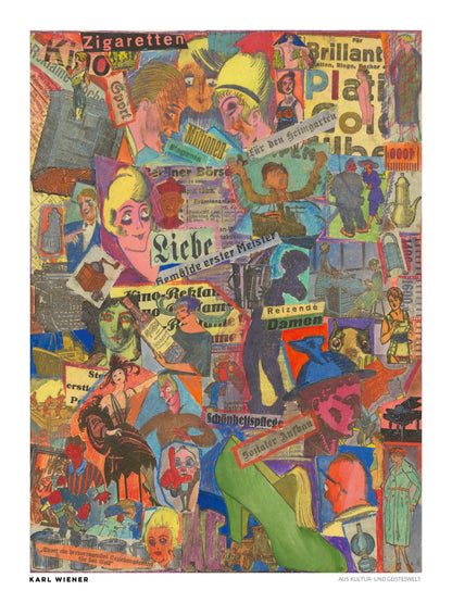 Aus Kultur- Und Geisteswelt by Karl Wiener, a colorful vertical vintage collage featuring 1920s advertisements, illustrated figures, bold typography, and layered paper textures. Digital art print for eclectic wall decor.