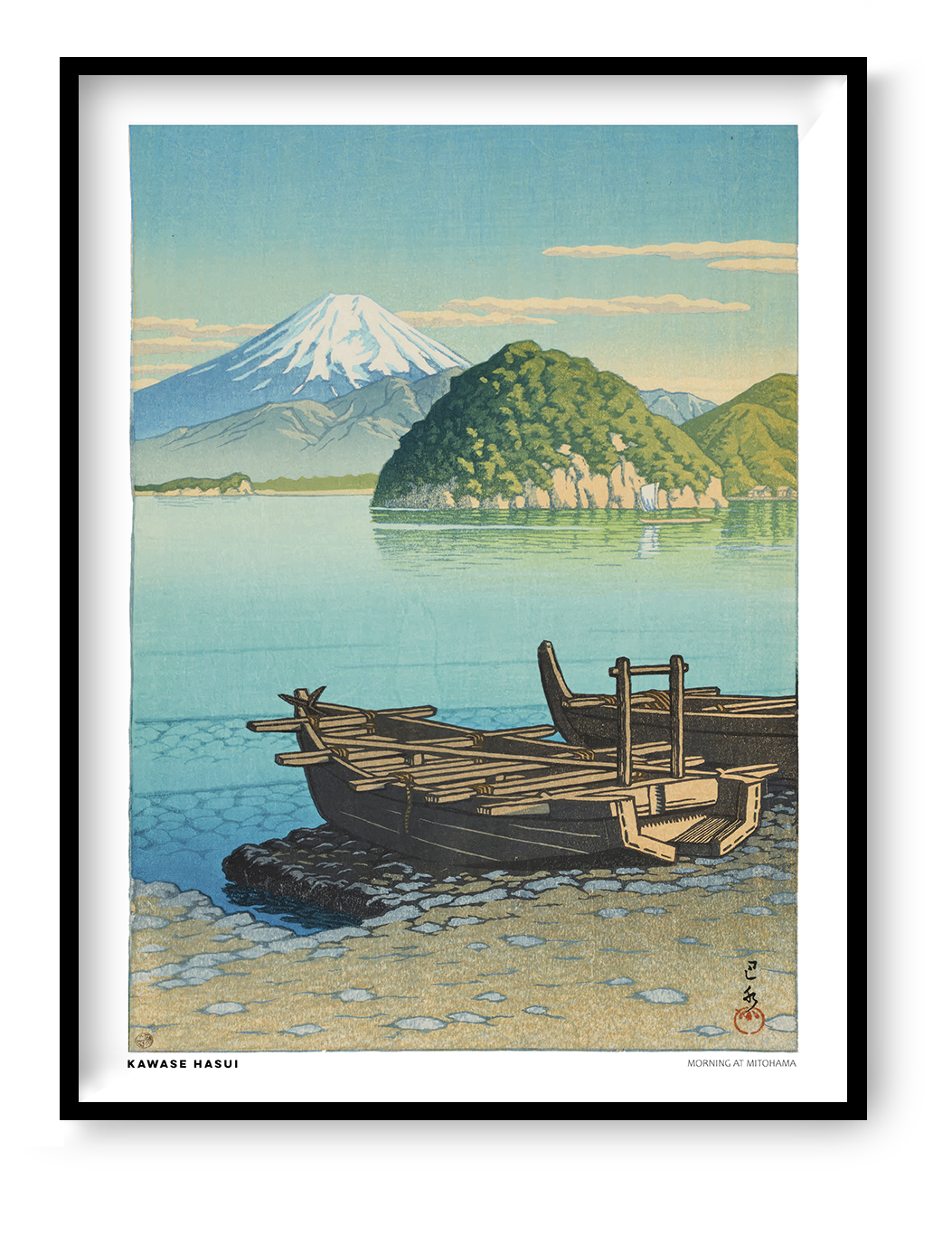 Morning in Mitohama by Kawase Hasui, a vertical Japanese landscape art print showing wooden boats on a turquoise lake, green hills and snow-capped Mount Fuji in soft blue and yellow tones. Digital print for peaceful wall decor.