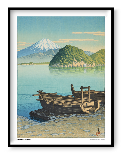 Morning in Mitohama by Kawase Hasui, a vertical Japanese landscape art print showing wooden boats on a turquoise lake, green hills and snow-capped Mount Fuji in soft blue and yellow tones. Digital print for peaceful wall decor.