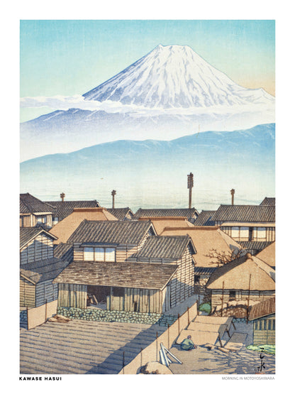 Morning in Motoyoshiwara by Kawase Hasui, Japanese woodblock-style landscape featuring snow-covered Mount Fuji above traditional village rooftops in soft blue and beige tones. Vertical digital art print for serene wall decor.