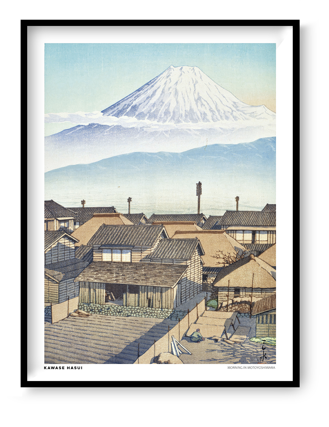 Morning in Motoyoshiwara by Kawase Hasui, Japanese woodblock-style landscape featuring snow-covered Mount Fuji above traditional village rooftops in soft blue and beige tones. Vertical digital art print for serene wall decor.