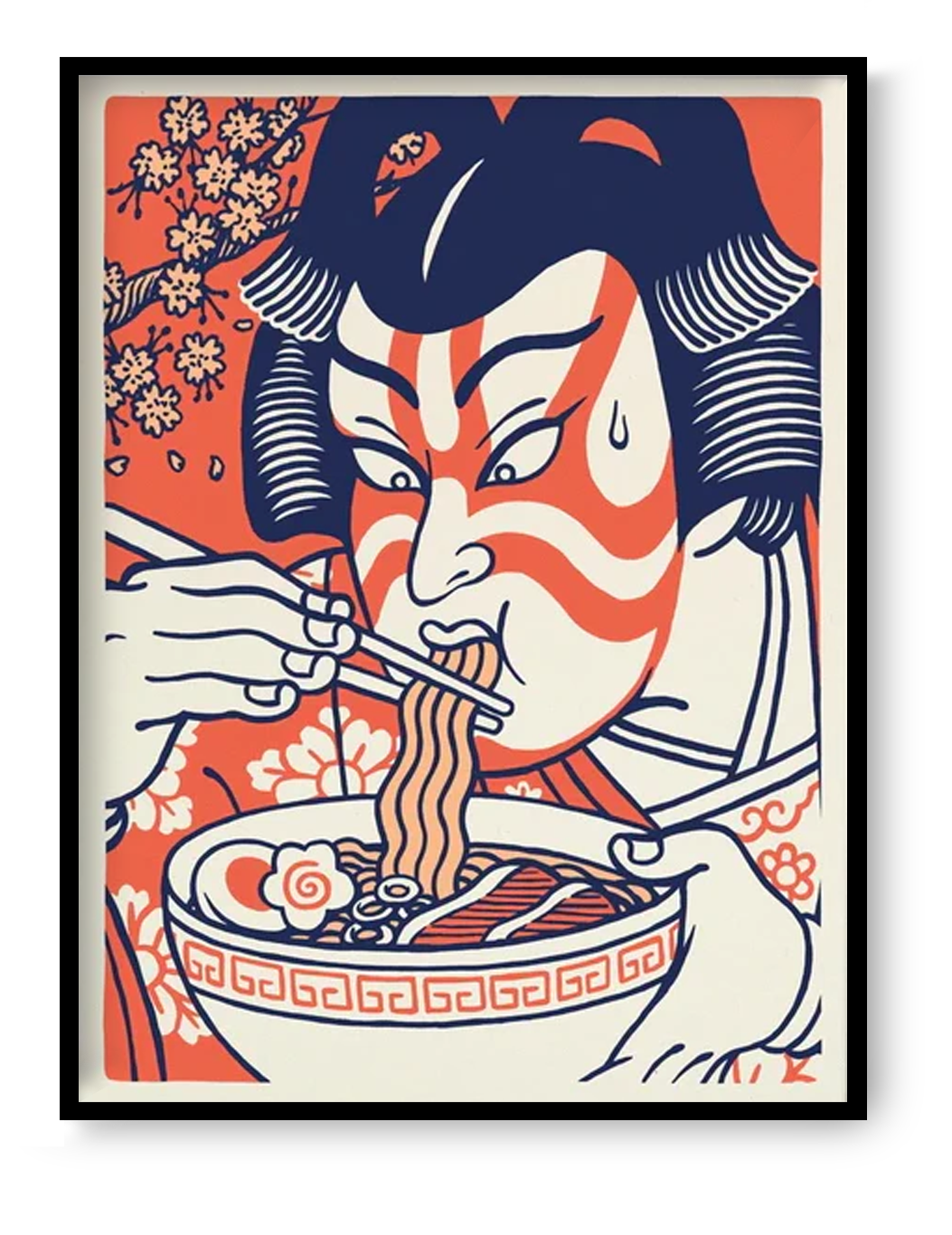 Kabuki Ramen art print 30x40 cm by Yeaaah Studio, bold Japanese pop art illustration of kabuki actor eating ramen in red and blue graphic style.