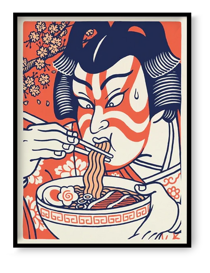 Kabuki Ramen art print 30x40 cm by Yeaaah Studio, bold Japanese pop art illustration of kabuki actor eating ramen in red and blue graphic style.