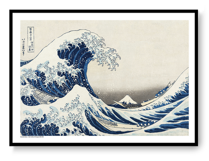 Katsushika Hokusai Under The Wave art print showing towering blue ocean waves, fishing boats and Mount Fuji in classic Japanese ukiyo-e style, horizontal format for living room or office wall decor.
