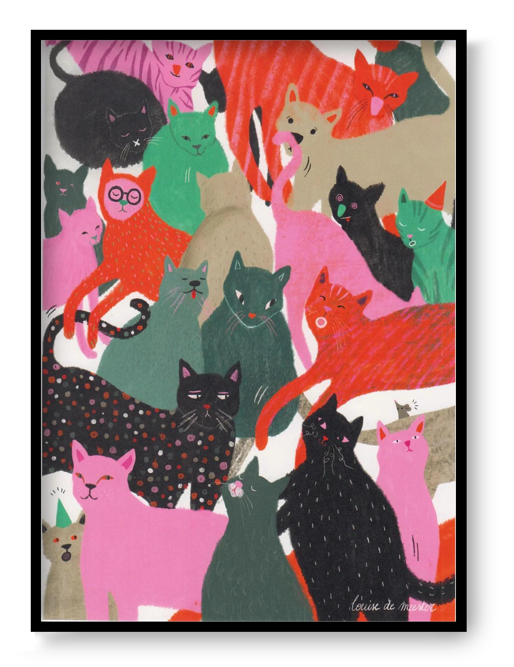 Katten art print by Louise de Meester, colorful cat illustration 17.5x24 cm featuring playful pink, green and black cats in a bold contemporary style.