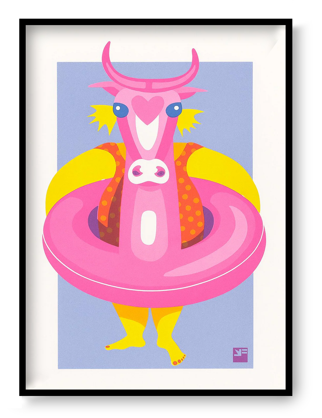 Kid with Floating Cow at the Beach risograph print by VrijFormaat, A4 fluorescent pink and yellow summer illustration on eco paper.