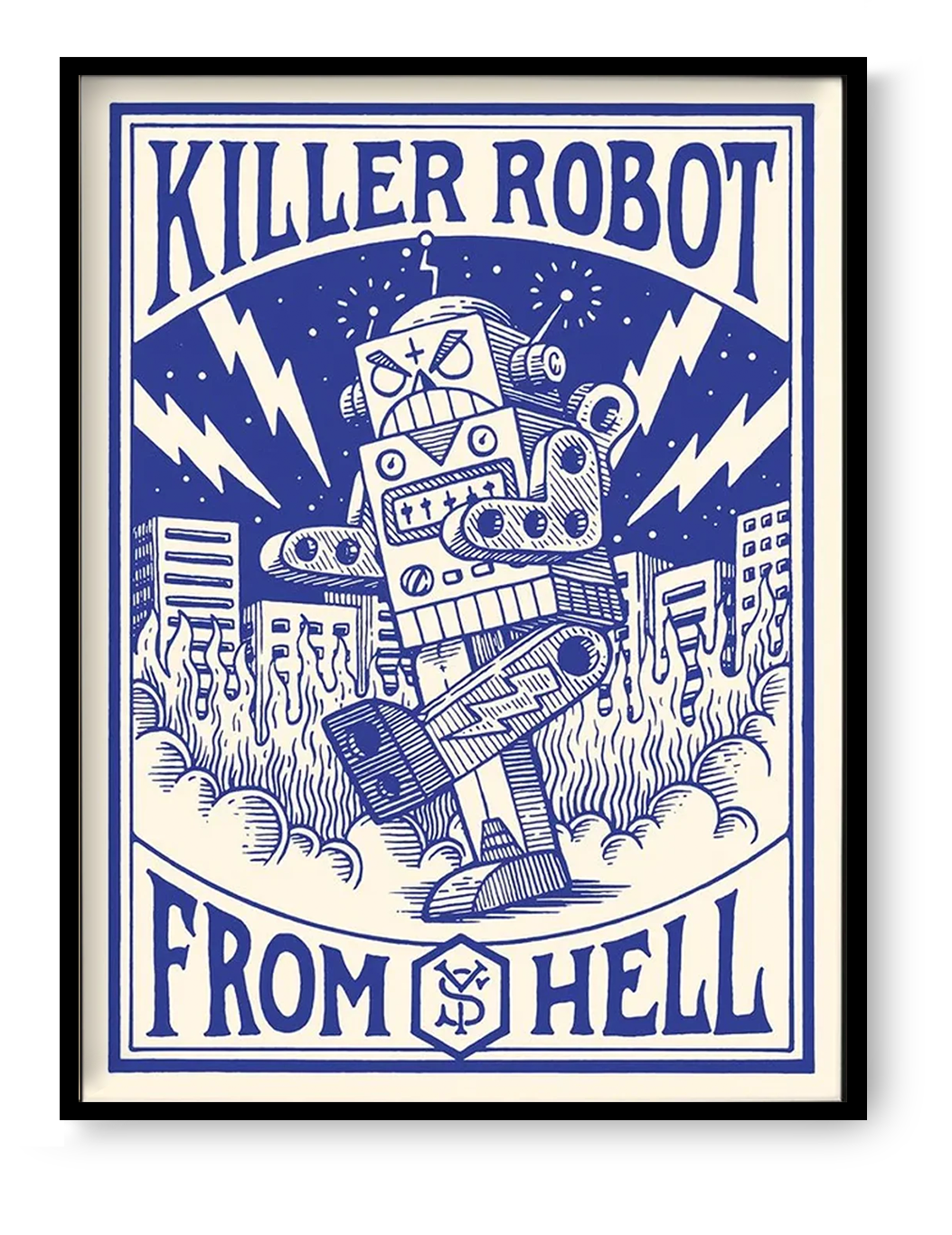 Blue retro comic robot illustration destroying a city with flames and lightning, playful pop culture wall art print by Yeaaah! Studio, 30 x 40 cm poster for gaming room or creative studio decor.