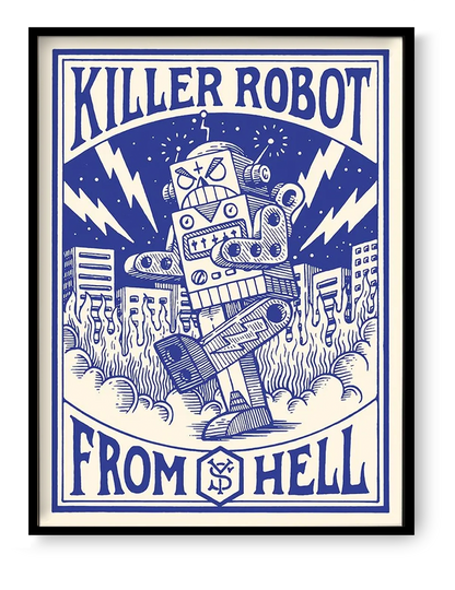 Blue retro comic robot illustration destroying a city with flames and lightning, playful pop culture wall art print by Yeaaah! Studio, 30 x 40 cm poster for gaming room or creative studio decor.