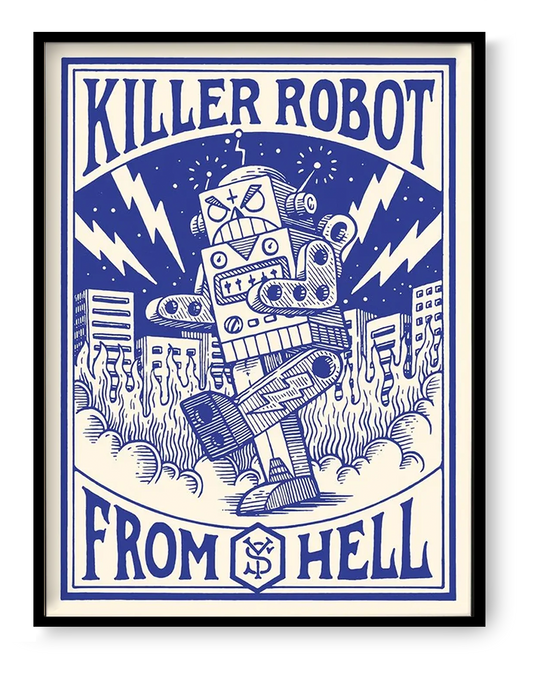 Blue retro comic robot illustration destroying a city with flames and lightning, playful pop culture wall art print by Yeaaah! Studio, 30 x 40 cm poster for gaming room or creative studio decor.