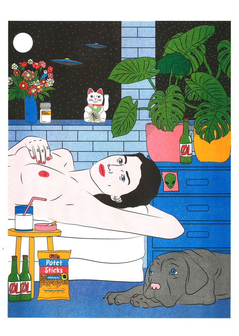 Colorful risograph illustration by Kine Andersen showing a woman lying in a bathtub at night with a dog, plants, beer bottles, and UFOs in the sky. A surreal, pop-art style scene exploring solitude, femininity, and modern life through vivid red, blue, and green tones.