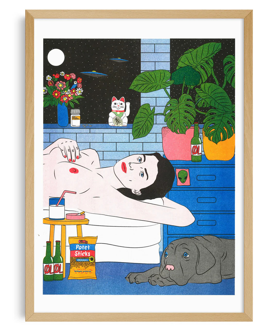 Colorful risograph illustration by Kine Andersen showing a woman lying in a bathtub at night with a dog, plants, beer bottles, and UFOs in the sky. A surreal, pop-art style scene exploring solitude, femininity, and modern life through vivid red, blue, and green tones.