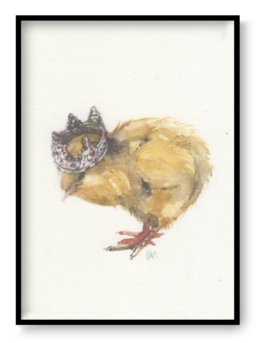 King Chick A6 art print by FAB, small surreal chick illustration with crown on Munken Pure paper, Belgian fine art mini print.