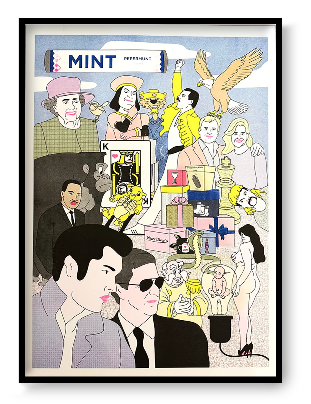 Large A2 risograph art print “Kings” by Studio Stoutpoep, bold satirical Belgian illustration featuring pop culture figures and surreal collage composition, printed in Belgium