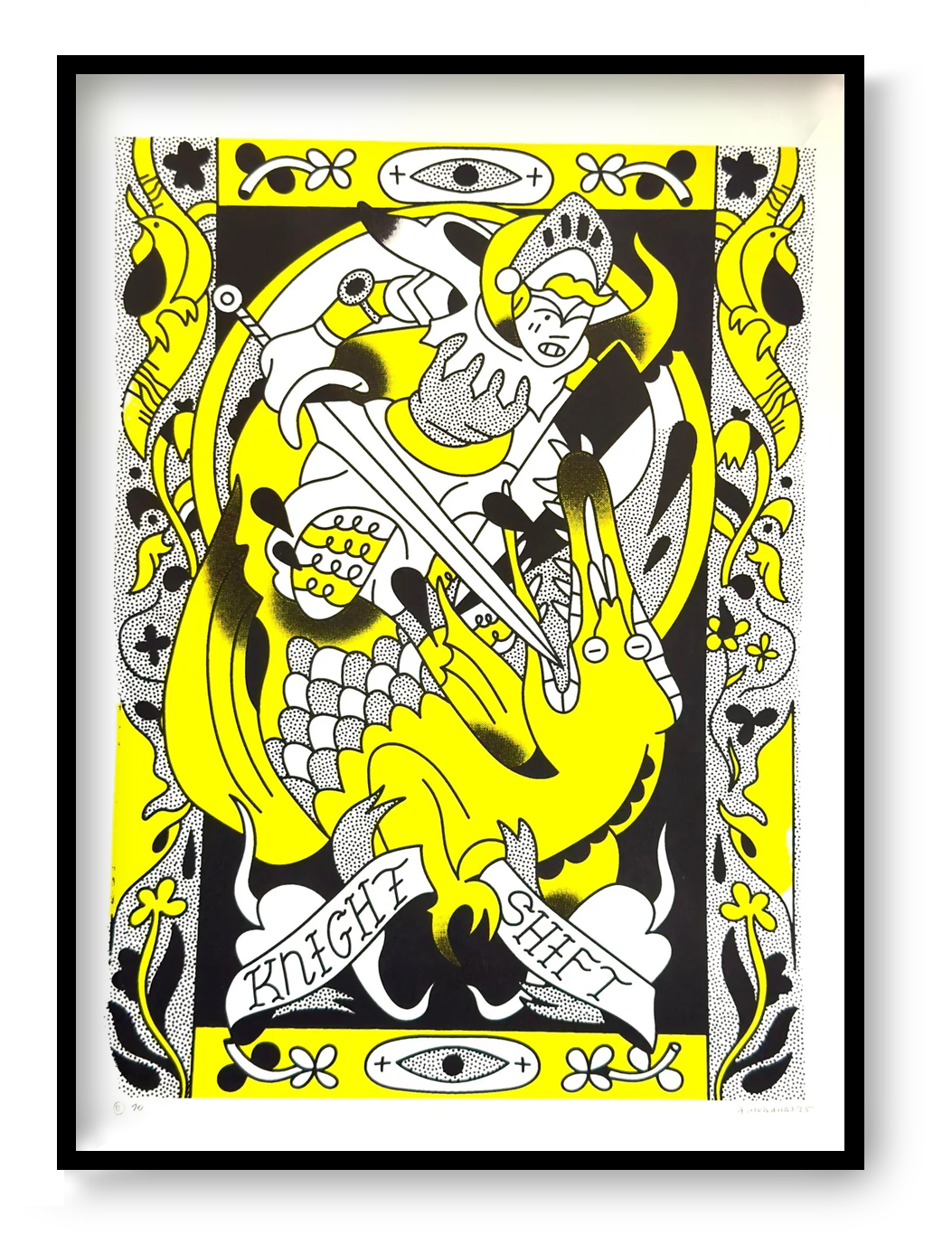 A3 limited edition screen print titled Knight Shift by Belgian illustrator Auwnanas featuring bold yellow and black graphic illustration with medieval knight and dragon in contemporary style.