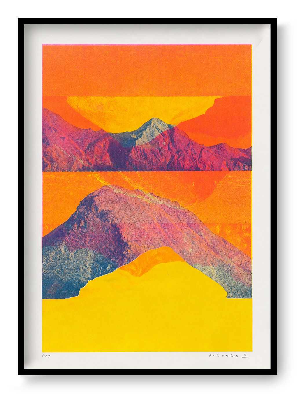Mountain Landscape - Komodo by PTRVRKD, vertical A3 risograph print featuring layered mountains in vivid orange, yellow, pink and blue, ideal as colourful contemporary wall art.