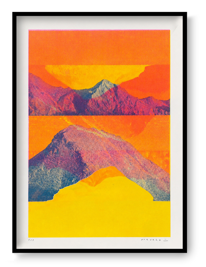 Mountain Landscape - Komodo by PTRVRKD, vertical A3 risograph print featuring layered mountains in vivid orange, yellow, pink and blue, ideal as colourful contemporary wall art.