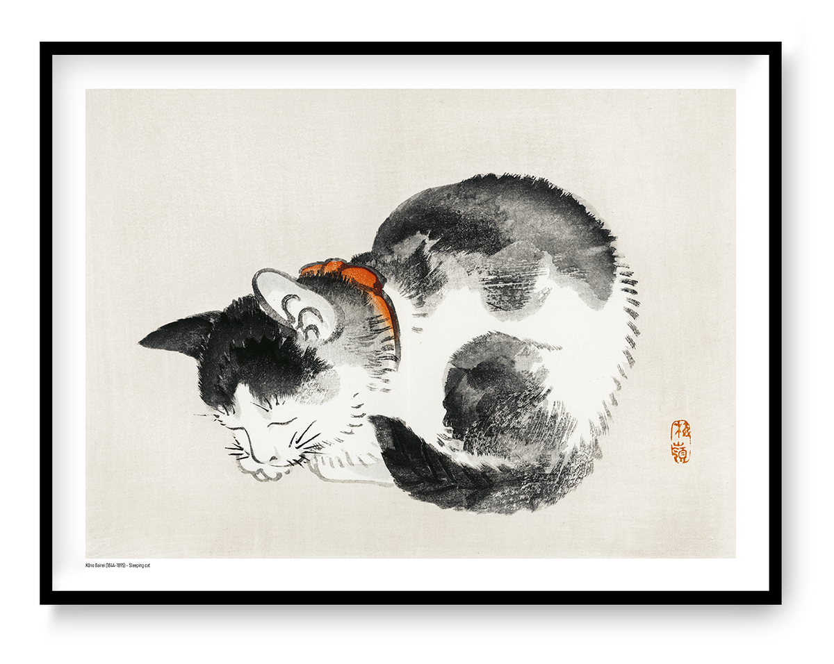 Sleeping black and white cat with an orange collar by Kōno Bairei, Japanese ink-style digital print in horizontal format, ideal as calm wall art for bedrooms, living rooms or reading spaces.
