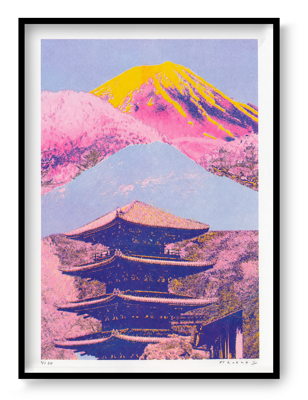 Colourful vertical risograph print by PTRVRKD showing a traditional Kyoto temple beneath Mount Fuji, rendered in vivid pink, yellow, blue and purple tones for bold contemporary wall decor.