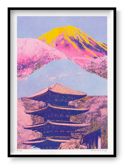 Colourful vertical risograph print by PTRVRKD showing a traditional Kyoto temple beneath Mount Fuji, rendered in vivid pink, yellow, blue and purple tones for bold contemporary wall decor.